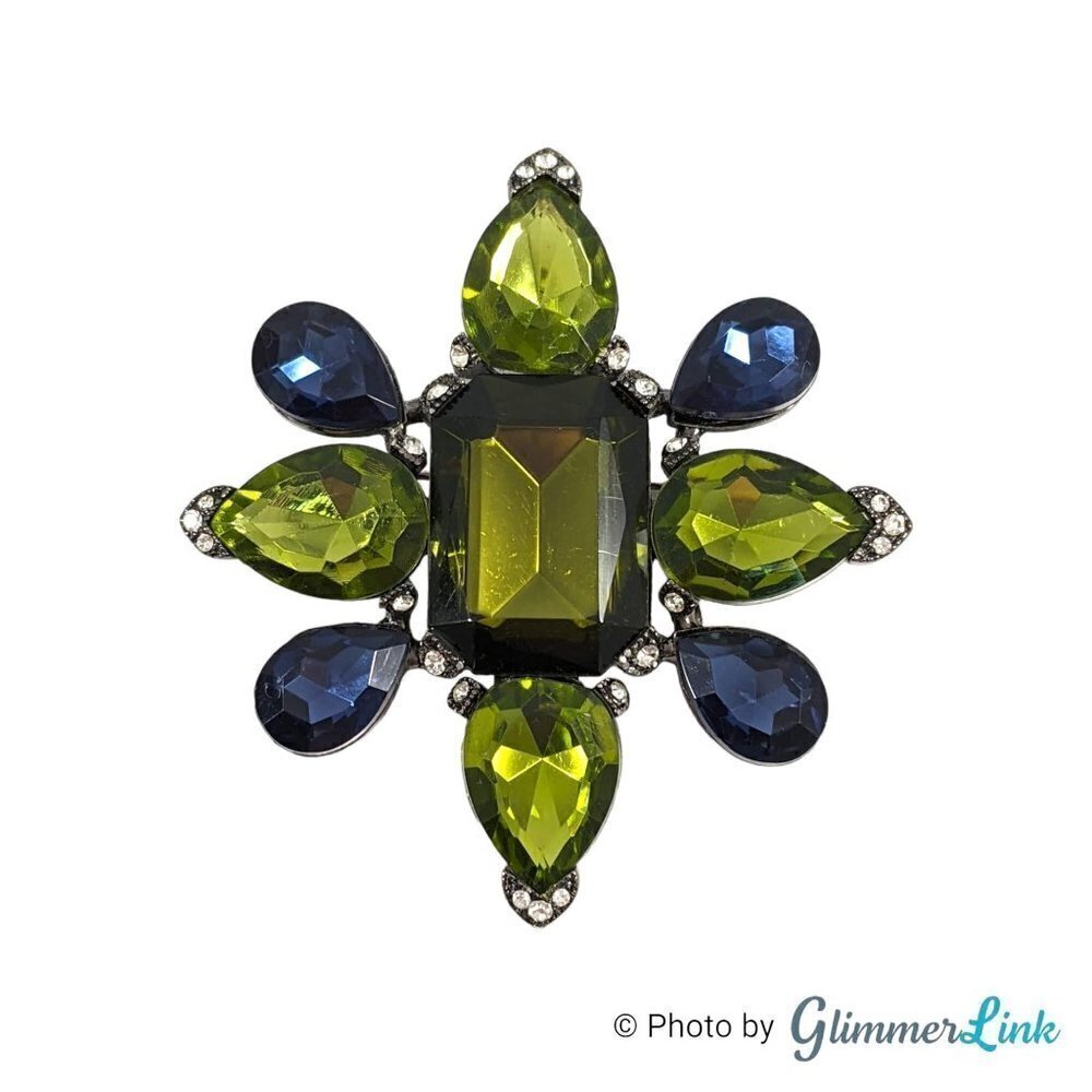 Sparkly Green & Blue Floral Cross Black Gun Metal Brooch